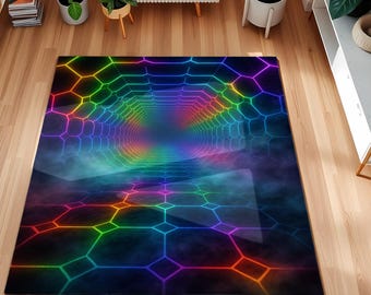 May include: A rectangular area rug with a geometric design. The rug features a tunnel-like pattern with a gradient of colors, including red, orange, yellow, green, blue, and purple. The design is set against a dark background, creating a vibrant and eye-catching effect.