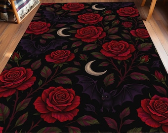 Gothic Halloween Rug: Rose, Bat & Crescent Moon - Witchy Home Decor