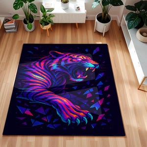 Neon Tiger Area Rug with Roaring Big Cat Design, Bold and Colorful Animal Print Carpet for Music Rooms or Urban Home Interiors Gift Idea