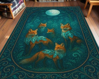 Mystical Fox Moon Rug: Enchanted Forest Animal Carpet