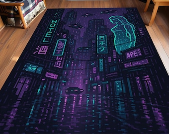Cyberpunk Cityscape Rug with Neon Lights Rainy Streets and Futuristic Japanese Vaporwave Design