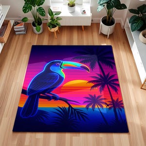 Neon Premium Toucan Sunset Area Rug – Vibrant Tropical Bird Beach Vibes Floor Mat – Retro Aesthetic Living Room & Gaming Room Decor Carpet
