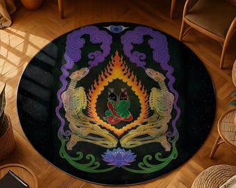 Mystical Wolf Skeleton Round Rug: Boho Meditation, Psychedelic Yoga Mat