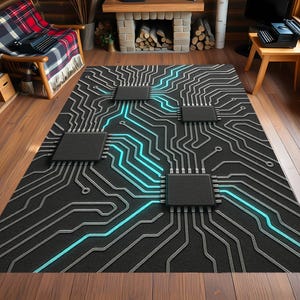 Pcb Rug Cyberpunk Circuit Board Rug: Black & Teal Tech Gamer Decor Futuristic ...