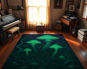 Psychedelic Mushroom Rug: Glowing Forest Design, Boho Decor