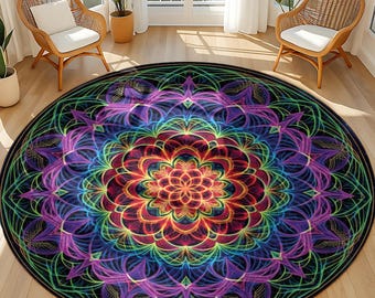 Sacred Geometry Mandala Rug: Psychedelic Neon Boho Decor