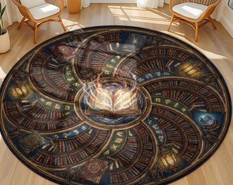 Mystical Round Library Rug with Glowing Magic Book Design, Fantasy Dark Academia Carpet Spellbook