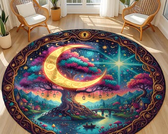 Crescent Moon Tree Round Rug: Fantasy Village Scene, Boho Decor