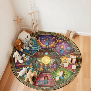 Puede incluir: Una alfombra redonda y colorida con un diseño caprichoso que presenta niños, astronautas y varias escenas. La alfombra tiene un estilo detallado de vidriera con un árbol central y paneles circundantes. La paleta de colores incluye azules, morados y amarillos.