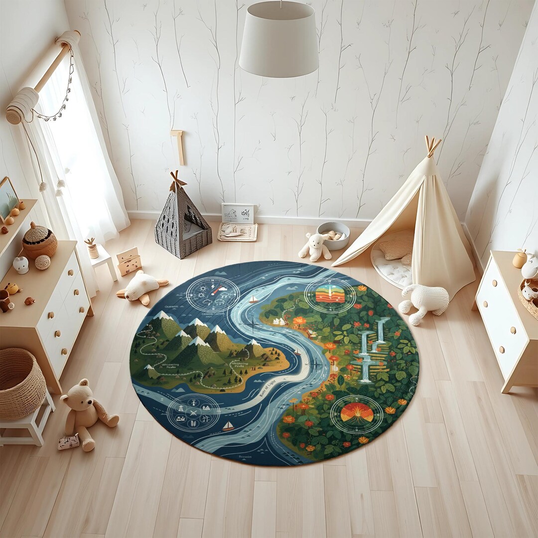 Round Nature Adventure Kids Rug: Mountain, River, Forest Map - Etsy