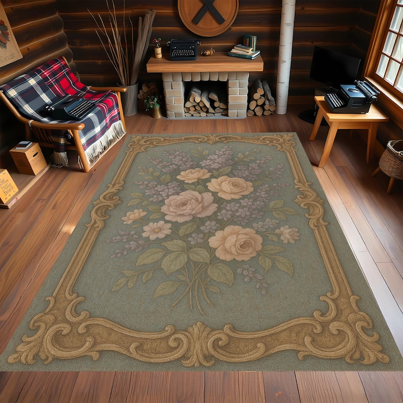 Vintage Floral Victorian Style Rug Ornate Border Soft Pastel Rose ...