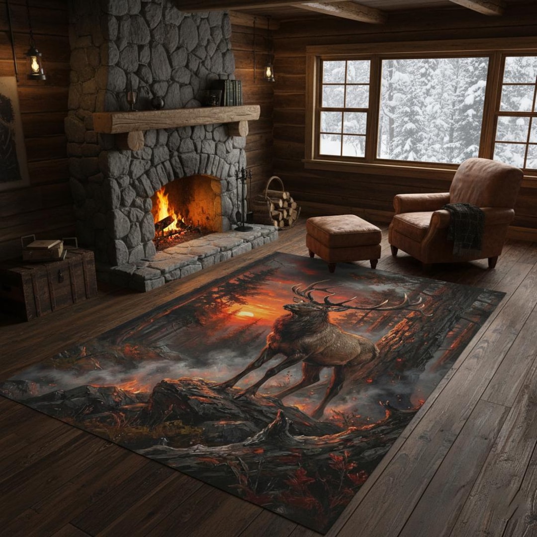 Rustic Elk Rugs Rustic Elk Lodge Rug Majestic Deer, Forest Design for Cabin Style ...