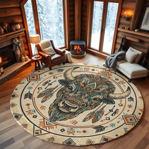 May include: Round area rug featuring a detailed bison head with horns, adorned with feathers and geometric patterns in shades of teal, orange, and brown. The rug has a cream-colored background with a decorative border.