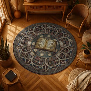Library Rug Patern Ancient Library Round Rug With Open Spellbook and Bookshelf Rosette ...