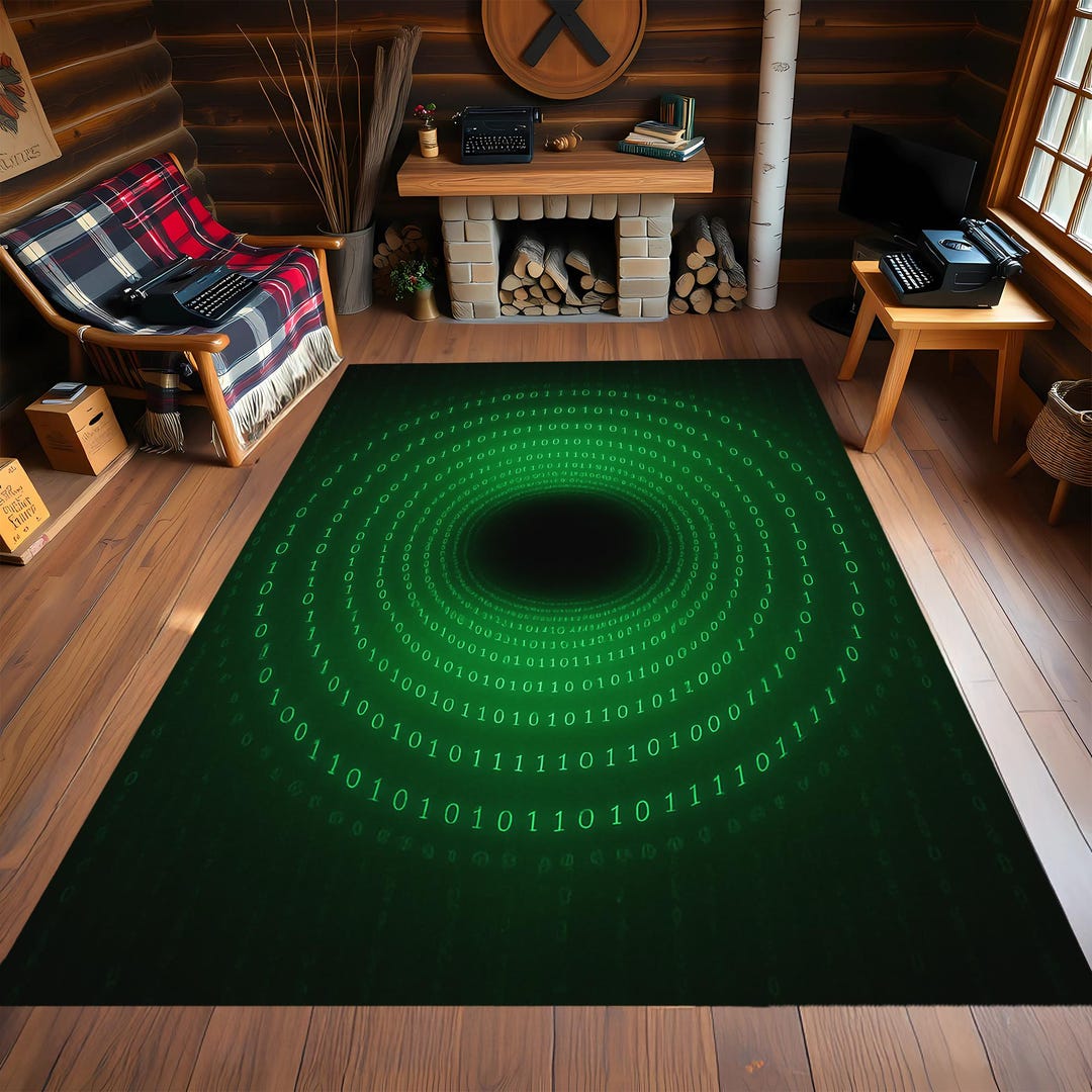 Binary Code Matrix Rug With Green Digital Vortex Design, Cyber Tech ...