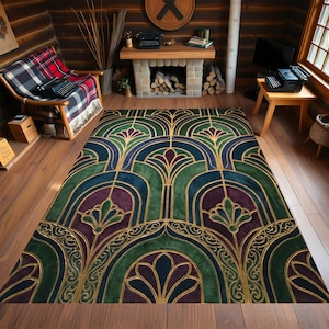 Art Deco Arch Pattern Rug with Gold Linework Emerald Green Purple Vintage Glam Design