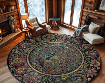 Round Peacock Rug with Colorful Floral Border and Ornate Feathers for Elegant Home Decor