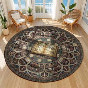 Library Rug Patern Ancient Library Round Rug With Open Spellbook and Bookshelf Rosette ...