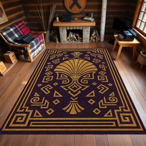May include: A rectangular purple rug with a gold geometric pattern. The rug has a central fan-shaped design and a border with repeating shapes. The rug is on a wooden floor in a room with a fireplace and a chair.