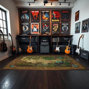 May include: A music room featuring a collection of guitars, amplifiers, and framed concert posters. The room has a dark wood floor and a large area rug with a botanical design. The posters feature band names like "GOANIAS" and "TUULT DUSHE".