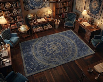 Celestial Astrology Rug with Vintage Zodiac Map for Dark Academia Room and Mystic Decor