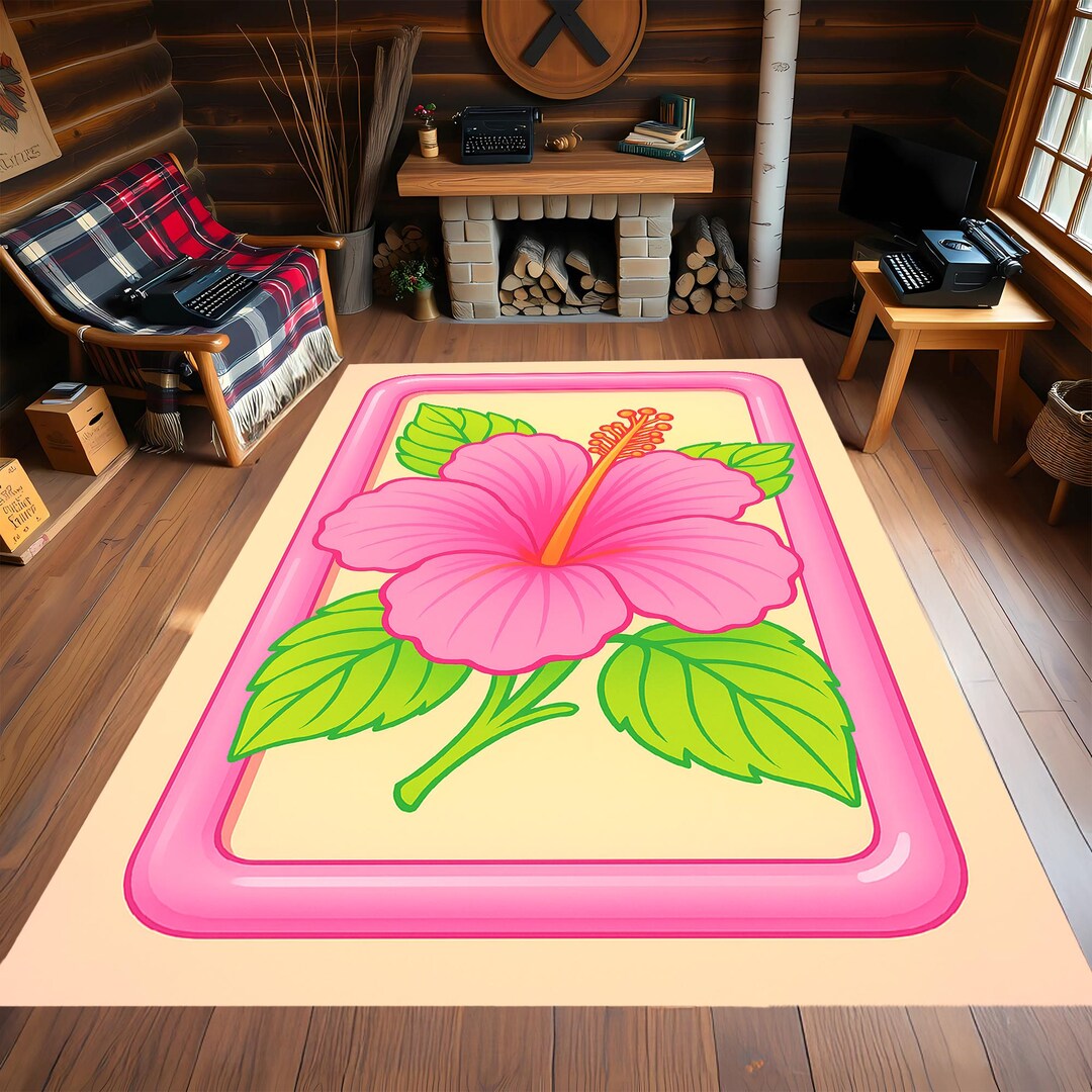 Hibiscus Rug Large Pink Hibiscus Flower Rug With Green Leaves and Soft Beige ...