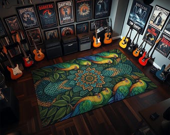 May include: A colorful area rug featuring a parrot and floral design in shades of green, blue, and yellow. The rug is placed in a room with guitars, amplifiers, and framed posters, creating a music-themed space.