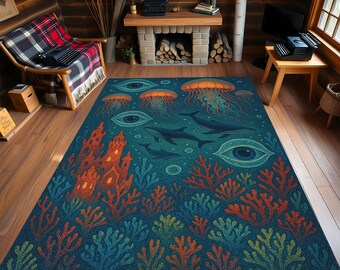 Ocean Theme Area Rug: Sharks, Coral Castle, Marine Life