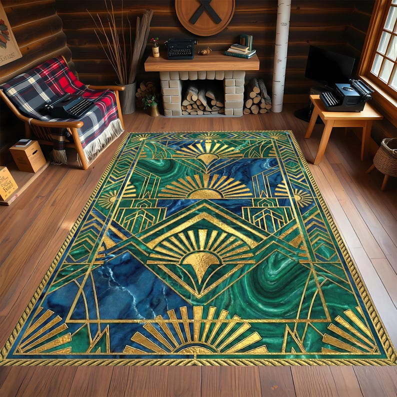 Luxury Art Deco Rug Geometric Emerald Green Gold Area Living Room ...