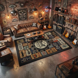 May include: A room decorated with a vintage motorcycle theme. It features a brown leather sofa, a wooden coffee table, and a large rug with motorcycle graphics. The brick walls are adorned with motorcycle signs and neon lights. Guitars and motorcycle helmets are also visible.