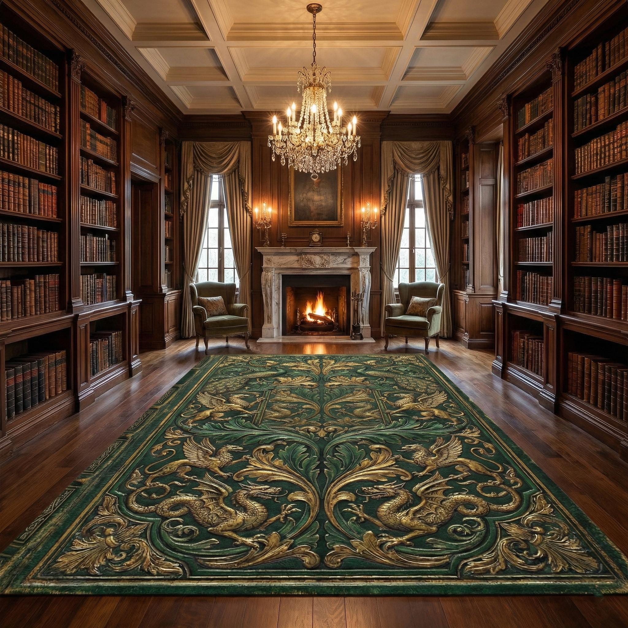 Luxurious Dark Green Rug Featuring Golden Symmetrical Dragon Griffin ...