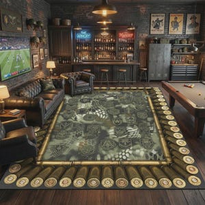 Military Camo Rug Bullet Tactical Badges Rustic for Man Cave, Bar, Game Room Decor