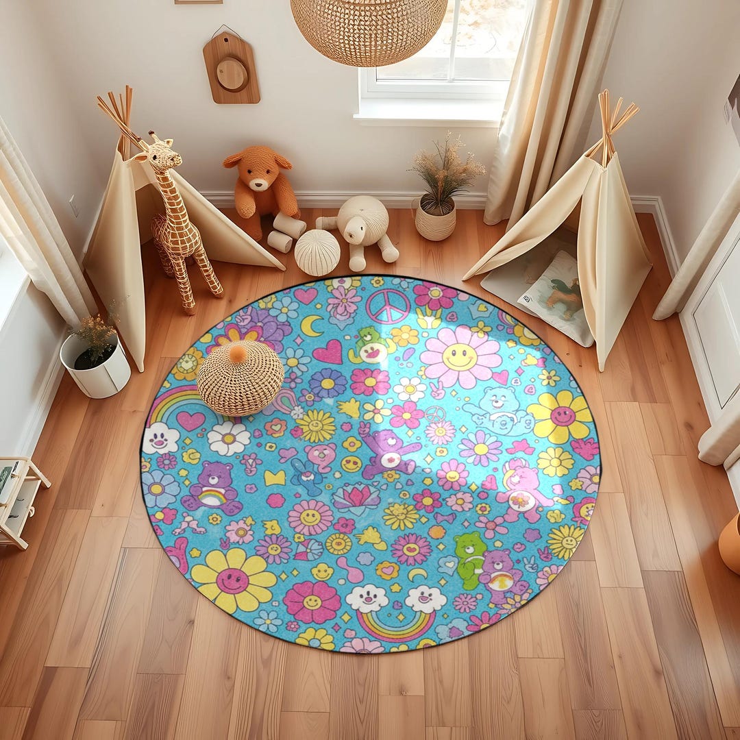 Round Kids Rug: Cartoon Flowers, Rainbow Nursery Play Mat - Etsy