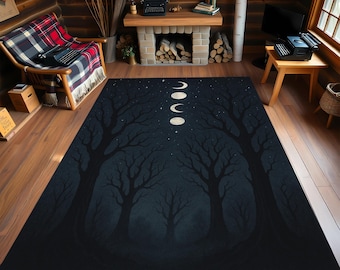 Gothic Moon Phase Rug: Dark Forest Crescent Moon Carpet