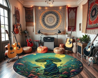 Mushroom Forest Round Rug: Mystical Creature Art, Psychedelic Boho Decor