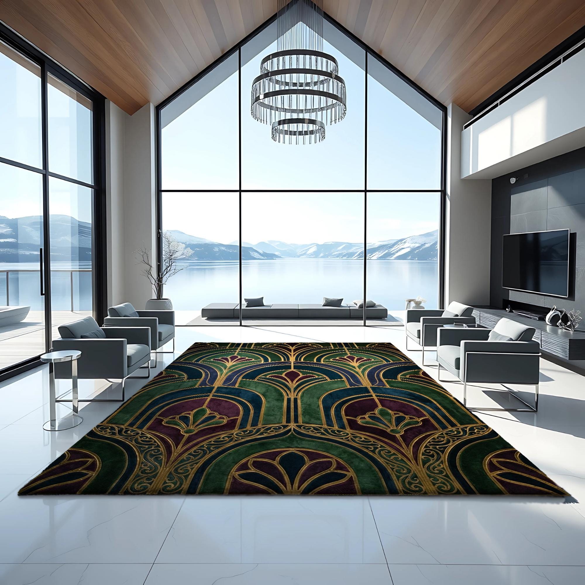 Art Deco Arch Pattern Rug With Gold Linework Emerald Green Purple ...
