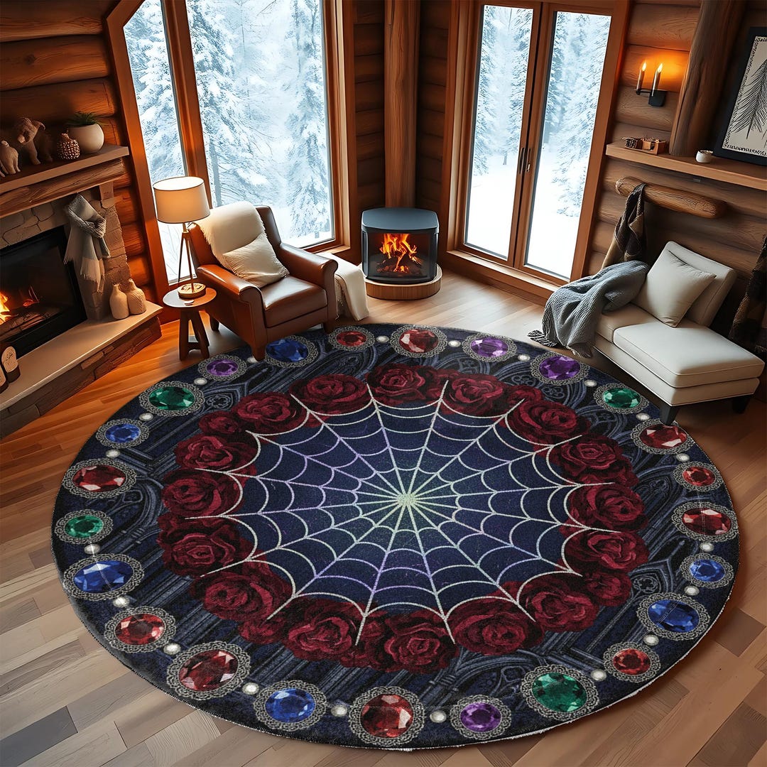 Round Gothic Rug Gothic Round Rug With Spider Web Rose Design and Gem Border, Dark ...