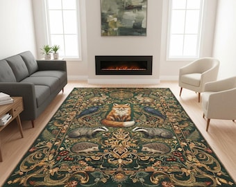 Rug with Woodland Fox Design – Green Forest Animal Carpet with Vintage Tapestry Style