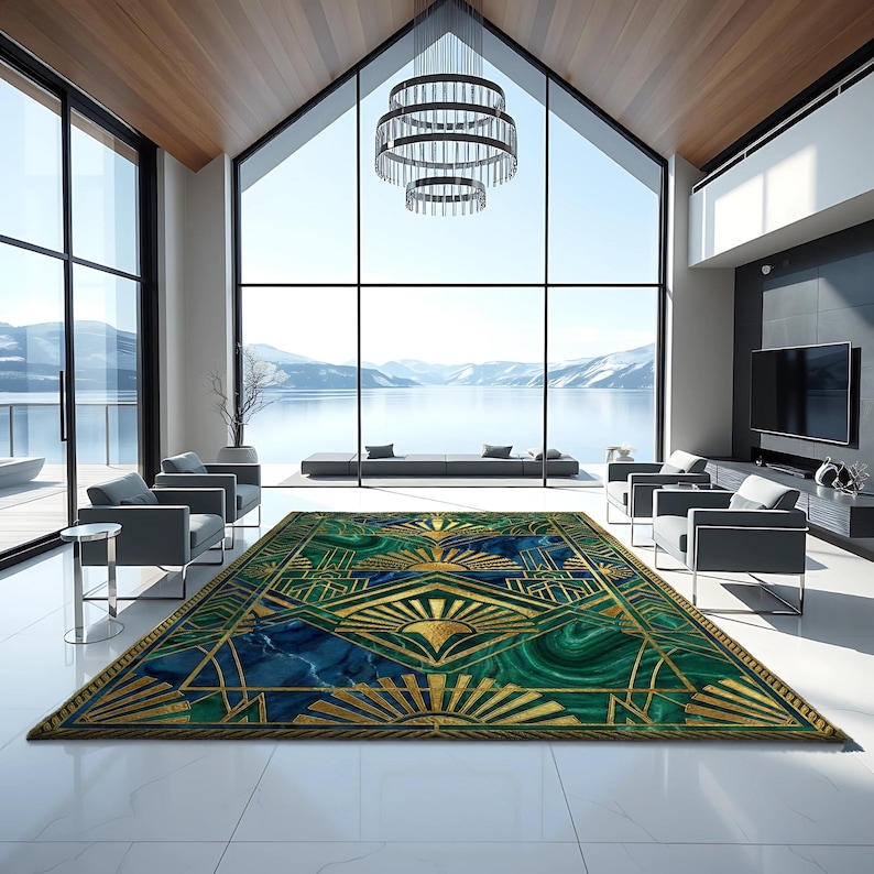 Luxury Art Deco Rug Geometric Emerald Green Gold Area Living Room ...