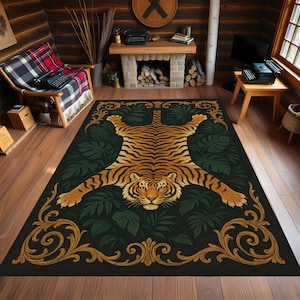 Handcrafted Vintage Tiger Rug Bohemian Floor Decor, Jungle Animal Skin Accent Carpet for Living Room, Music Studio & Plant Lovers Gift