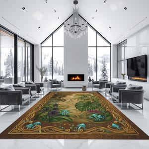 May include: A large rectangular area rug with a detailed fantasy forest design. The rug features a brown border with a gold filigree pattern. The central design includes lush green foliage, blue mushrooms, and a winding stream.