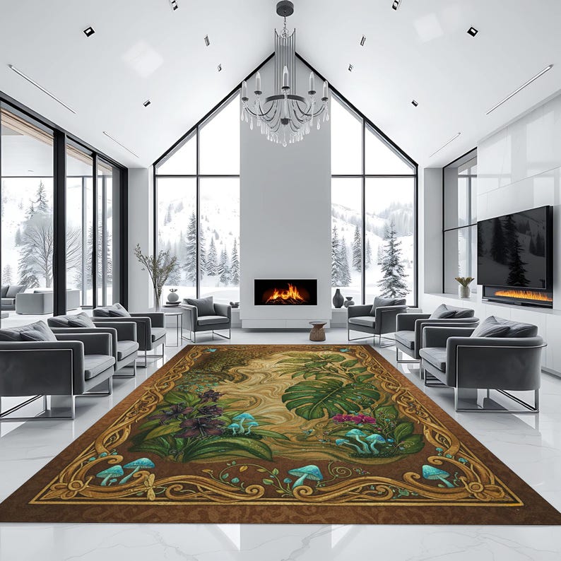 May include: A large rectangular area rug with a detailed fantasy forest design. The rug features a brown border with a gold filigree pattern. The central design includes lush green foliage, blue mushrooms, and a winding stream.