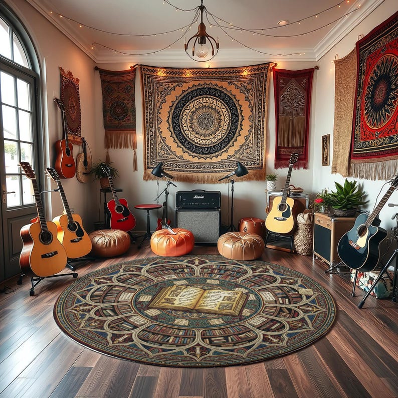 Ancient Library Round Rug With Open Spellbook and Bookshelf Rosette ...