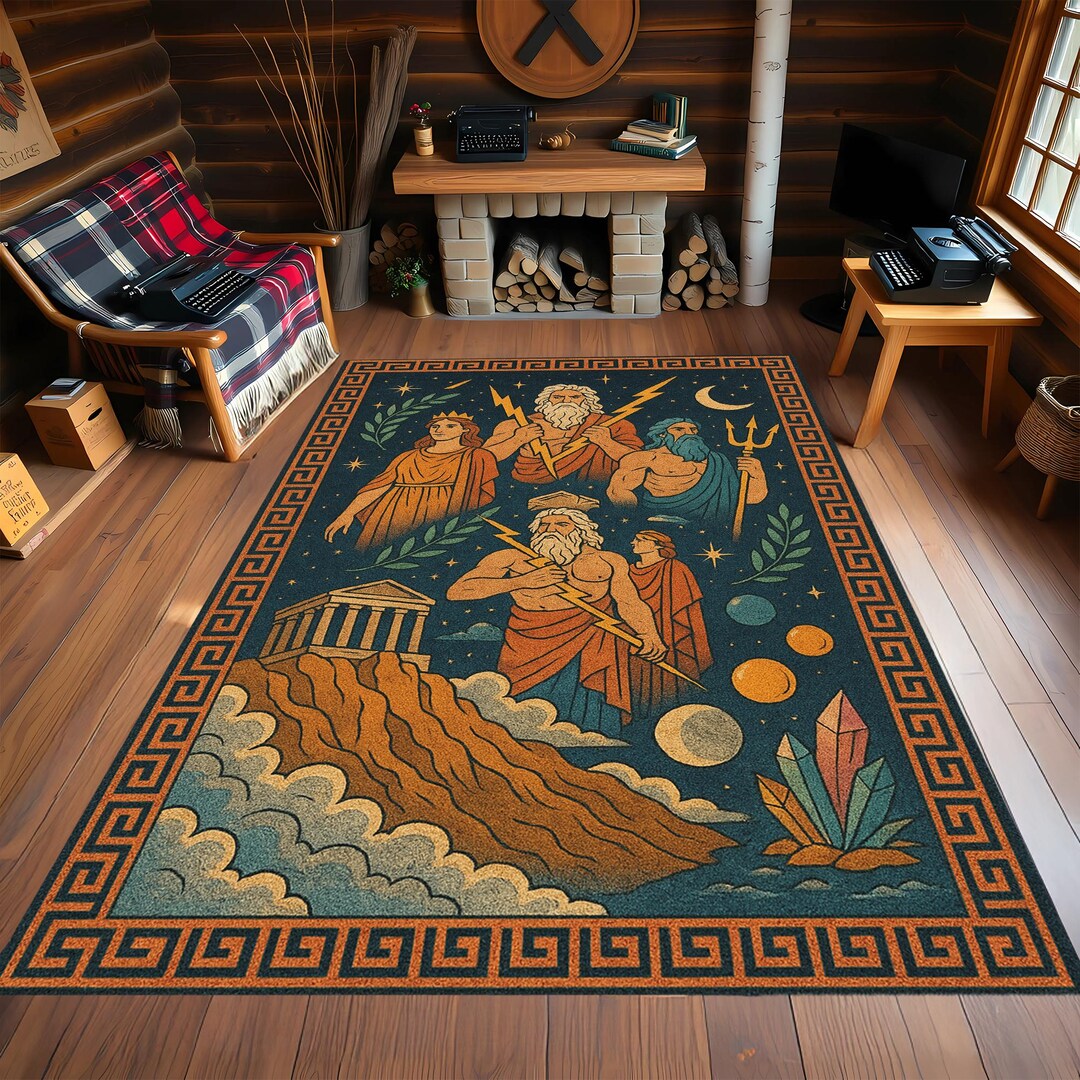 Greek Mythology Rug, Vintage Boho Carpet, Zeus, Athena, Hades Pattern ...