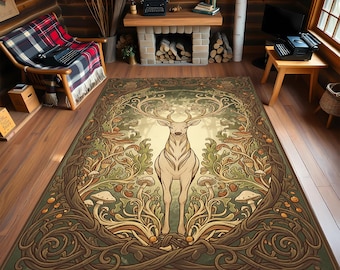 Majestic Forest Stag Rug with Art Nouveau Nature Design Woodland Boho Cozy Rustic Interiors