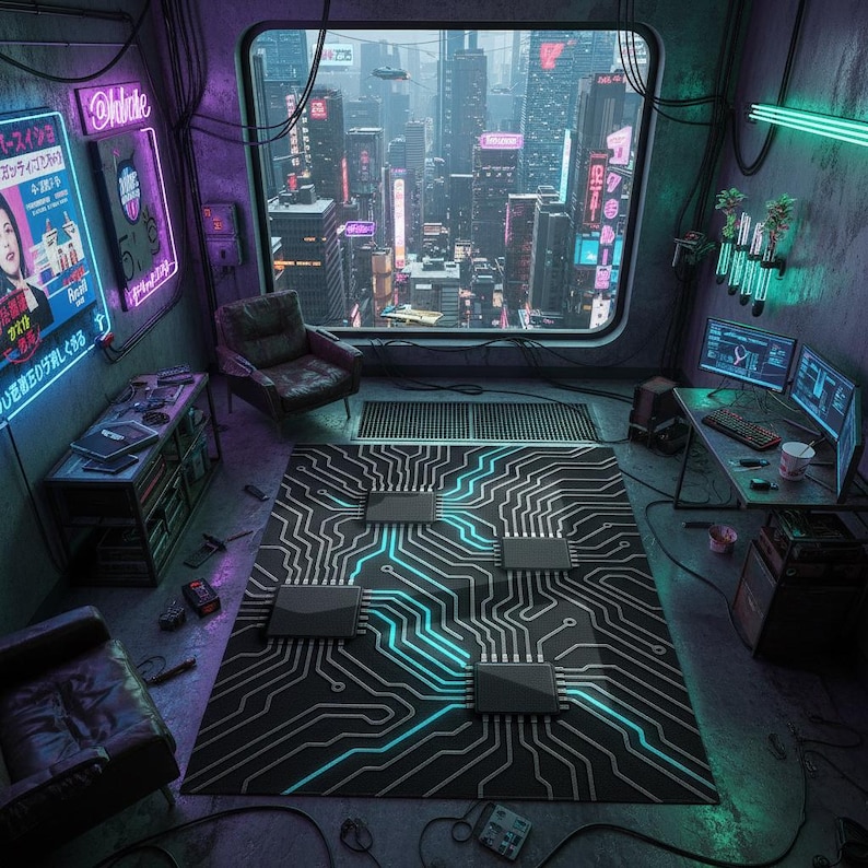 Pcb Rug Cyberpunk Circuit Board Rug: Black & Teal Tech Gamer Decor Futuristic ...