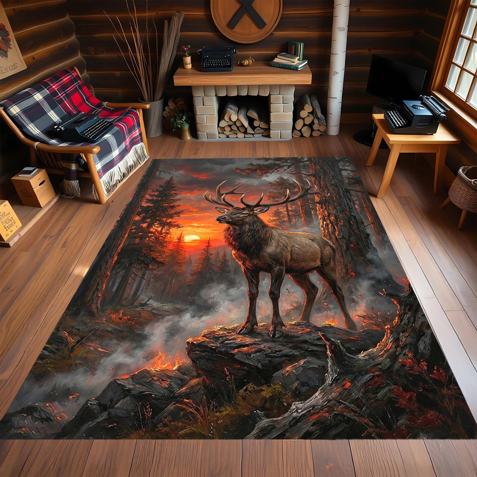 Rustic Elk Lodge Rug Majestic Deer, Forest Design for Cabin Style ...