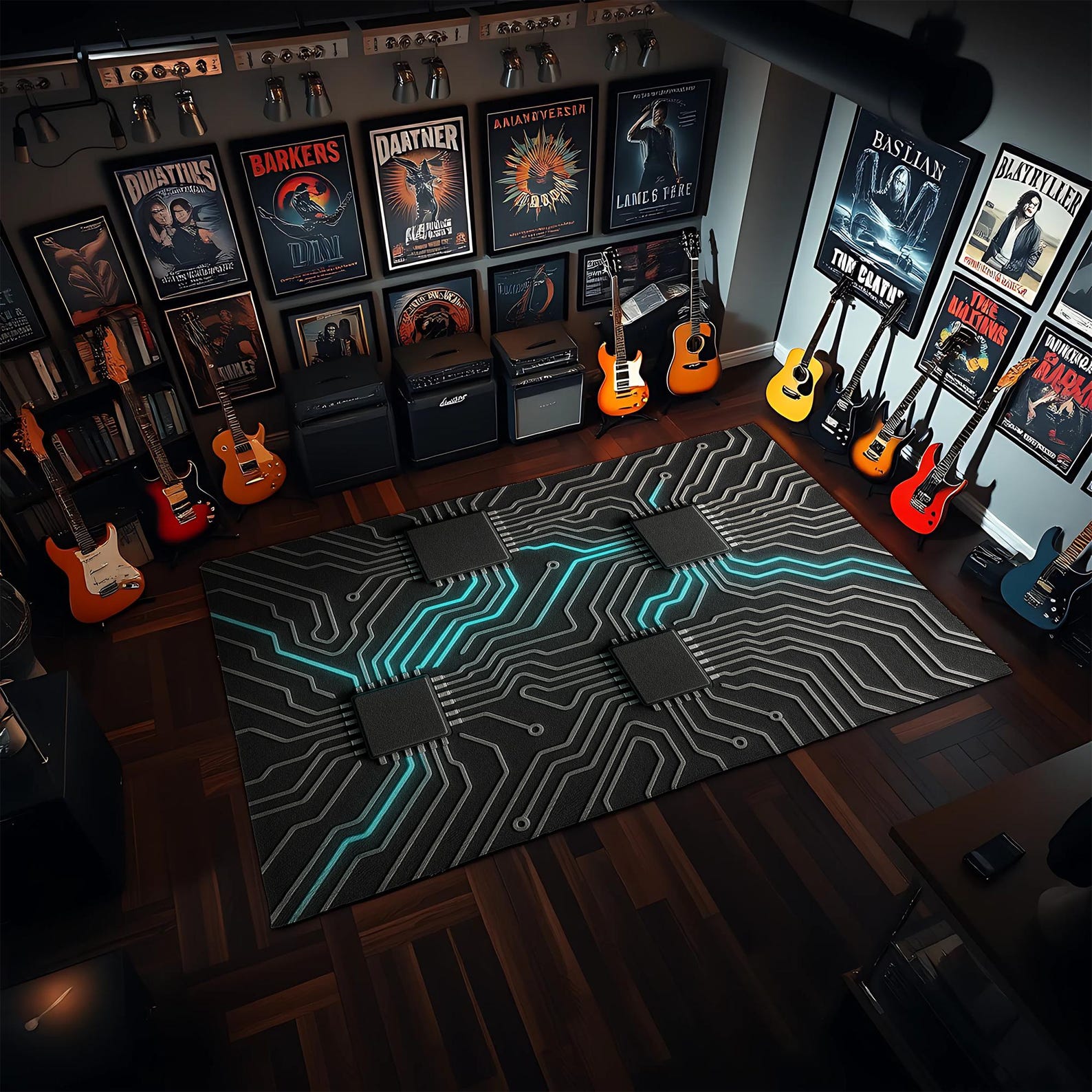 Pcb Rug Cyberpunk Circuit Board Rug: Black & Teal Tech Gamer Decor Futuristic ...