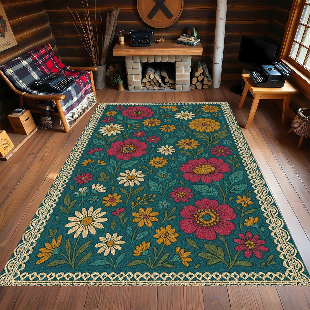 Cheerful Cottage Rug Vintage Floral Wildflower Rug With Daisies and Cottagecore Country ...