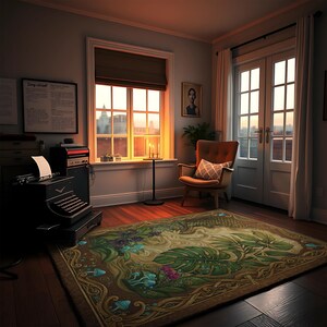 May include: A cozy room with a vintage typewriter, an armchair, and a large rug with a botanical design. The rug features green leaves, blue mushrooms, and a brown border. A window with a city view and a warm sunset.